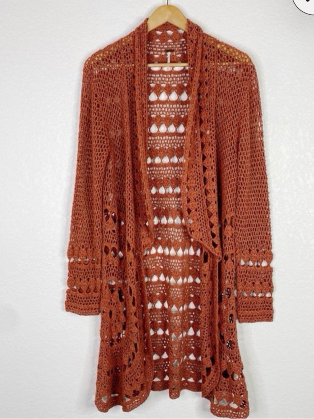 Free People Long Crochet Cardigan Sweater - Rust OS